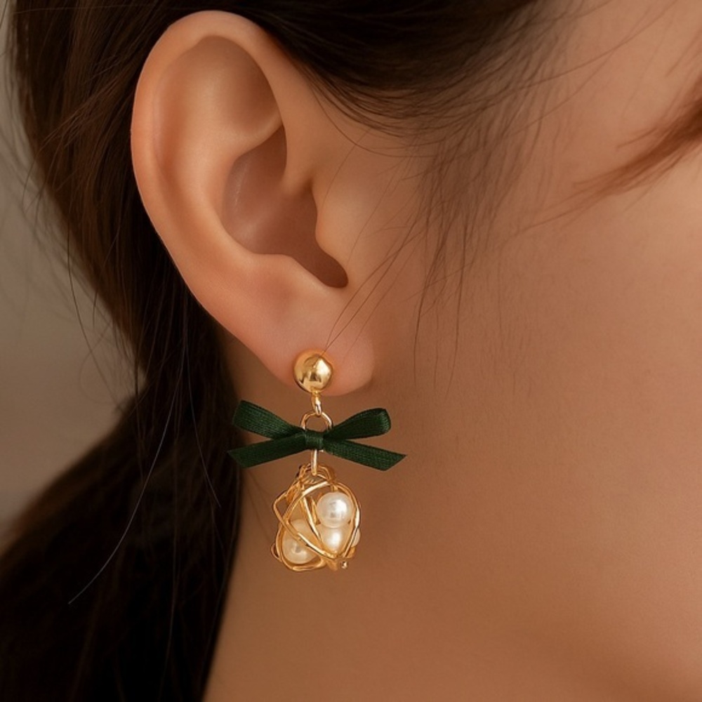 Dainty wire Gold Pearl Ball Earrings with Green Bow Korean‎ Style Cute Gift NWT